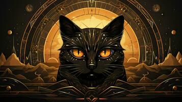 Vector illustration of a black cat on the background of egyptian planet. photo