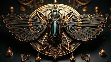 Fantasy background with golden wings and precious stones. Egyptian scarab beetle. photo