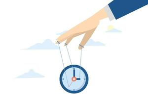 Time control concept, freedom or efficient time management to complete projects within deadlines, productivity or efficiency, productive project manager, businessman hands control time with clock doll vector