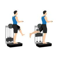 Man doing Rear leg raise workout with machine. Lever standing rear kick exercise. vector