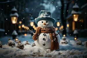 Snowman in Joyful Winter Wonderland with Snow-Covered Trees Background, Ideal for Holiday Greeting Cards and Seasonal Decorations, AI-generated photo