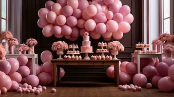 Baby Shower Room Interior Decoration with Pink Balloons and Cake, Kids Celebrate a Joyful Party, Welcome Baby Celebrate, AI-generated photo