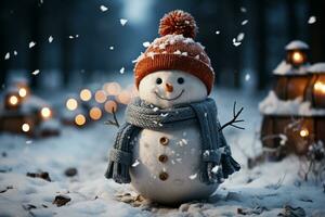 monigote de nieve en alegre invierno mundo maravilloso con cubierto de nieve arboles fondo, ideal para fiesta saludo tarjetas y estacional decoraciones, generado por ai foto