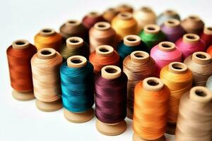 Colorful Thread Spools in Closeup Shot, Showcasing Multi-Color Bobbins on White Background, AI-Generated photo