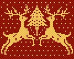 Christmas motif with deers and fir. Scandinavian knitted texture. Vector seamless pattern. Red and yellow colors
