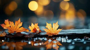 otoño escena con vibrante arce hoja fondo, maravilloso estacional follaje en rico, calentar colores, tranquilo otoño paisaje con vistoso que cae hojas, generado por ai foto