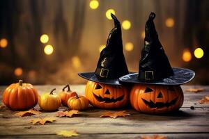 Spooky Holiday Decoration Witches Hats Adorn Pumpkin in Isolated Halloween Festive Scene, generative AI photo