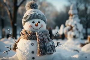 Snowman in Joyful Winter Wonderland with Snow-Covered Trees Background, Ideal for Holiday Greeting Cards and Seasonal Decorations, AI-generated photo