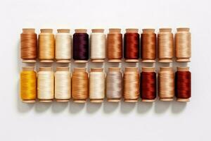 Colorful Thread Spools in Closeup Shot, Showcasing Multi-Color Bobbins on White Background, AI-Generated photo