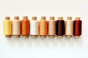 Colorful Thread Spools in Closeup Shot, Showcasing Multi-Color Bobbins on White Background, AI-Generated photo