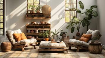 Clásico boho interior habitación diseño lleno de plantas bohemio escena para inspirado interior Bosquejo Arte en auténtico ambiente, generado por ai foto