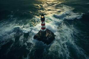 un faro en un isla en el medio de un áspero mar. faro y ondas. símbolo de esperanza, espera. foto