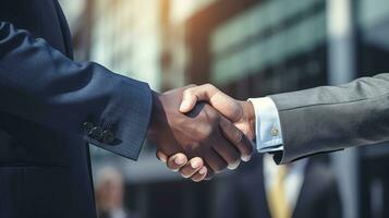 two business people shaking hands in front of a building for Business deals  ai generative photo