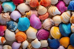 Close-up of colorful seashells of different shapes. Background from many colored seashells. photo