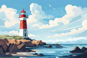 Lighthouse on the seashore, flat illustration. Seascape, signal building on the seashore. Coastal landscape with a lighthouse. Symbol of hope, waiting, loneliness concept. photo