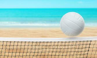 Beach landscape with volleyball balls on the net. Summer. Background is sea water and blue sky. photo