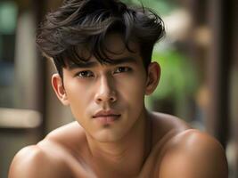 portrait of handsome asian guy in summer clothes posing in the street. photo