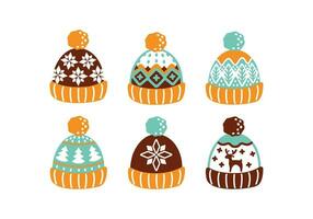 Winter hats with pompom. Set of cozy stickers. Vector. vector