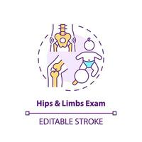 Hip and limb exam concept icon. Musculoskeletal system. Health service. Child development. Medical clinic. Joint health abstract idea thin line illustration. Isolated outline drawing. Editable stroke vector