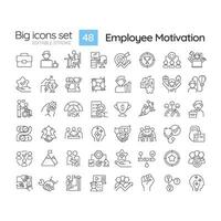 Employee motivation linear icons set. Job satisfaction. Positive attitude. Workplace wellness. Team building. Customizable thin line symbols. Isolated vector outline illustrations. Editable stroke