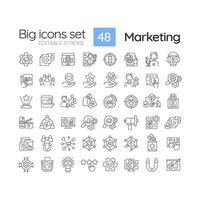 Marketing linear icons set. Business strategy. Brand development. Advertising campaign. Sales growth. Customizable thin line symbols. Isolated vector outline illustrations. Editable stroke