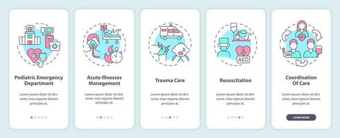 Pediatric emergency onboarding mobile app screen. Urgent care walkthrough 5 steps editable graphic instructions with linear concepts. UI, UX, GUI template vector