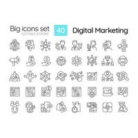 Digital marketing linear icons set. Social media. Online advertising. Brand strategy. Search engine optimization. Customizable thin line symbols. Isolated vector outline illustrations. Editable stroke