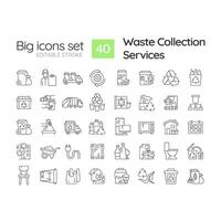 Waste collection services linear icons set. Trash removal. Garbage sorting. Environmentally friendly. Customizable thin line symbols. Isolated vector outline illustrations. Editable stroke