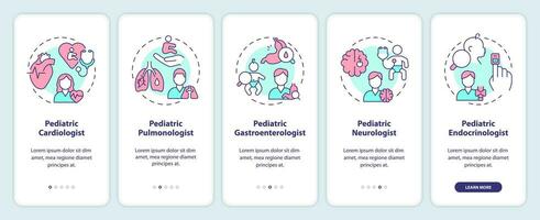 Pediatric subspecialists onboarding mobile app screen. Medical care walkthrough 5 steps editable graphic instructions with linear concepts. UI, UX, GUI template vector