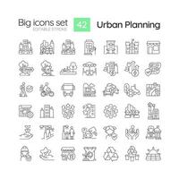 Urban planning linear icons set. City growth. Infrastructure development. Transportation network. Customizable thin line symbols. Isolated vector outline illustrations. Editable stroke