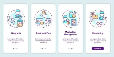 Diagnosis and treatment onboarding mobile app screen. Pediatric care walkthrough 4 steps editable graphic instructions with linear concepts. UI, UX, GUI template vector