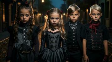 three children in gothic halloween costumes standing in the dark  ai generative photo