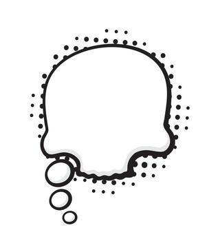 Speech bubble skull shape with dots rays in pop art style. Comic style dialog balloon template. Hand Drawn vector illustration with outline. Isolated on white background
