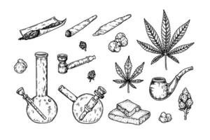 Weed smoking tools. Cannabis joint. Hand drawn marijuana spliff. Glass hemp bong. Tobacco pipe. Vector illustration in sketch style