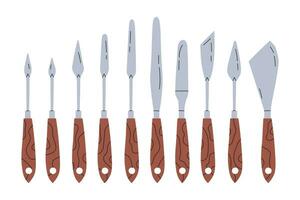 Flat cartoon illustration of metal palette knives of various shapes with a wooden handle in the amount of seven pieces for oil painting isolated on a white background. Vector stock illustration