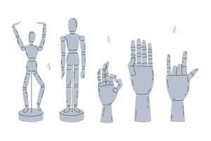 Wooden articulated figurine of a mannequin and hands in various poses for learning to draw in a cartoon style. Fingers show various gestures. Trendy modern vector illustration, hand drawn, flat design