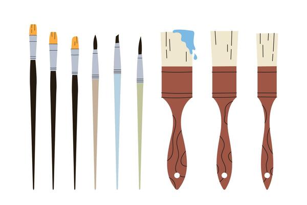 Brown and multicolor paint pen with a red spot of paint. Set tool for the work of an artist, hairdresser. Vector stock illustration on isolated white background. Construction brushes for painting.