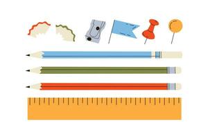 Cute school stationery set. Ruler, colorful pencils, sharpener and pins for the board. Children's stationery for school and study. Vector stock illustration on isolated white background.