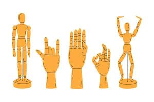 Wooden articulated figurine of a mannequin and hands in various poses for learning to draw in a cartoon style. Fingers show various gestures. Trendy modern vector illustration, hand drawn, flat design