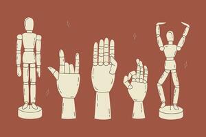 de madera articulado figurilla de un maniquí y manos en varios poses para aprendizaje a dibujar en un dibujos animados estilo. dedos espectáculo varios gestos de moda moderno vector ilustración, mano dibujado, plano diseño