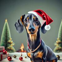 dachshund in santa's hat and gifts graphic for christmas photo