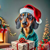 dachshund in santa's hat and gifts graphic for christmas photo