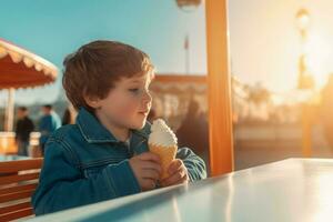 Toddler boy eating ice cream. Generate ai photo