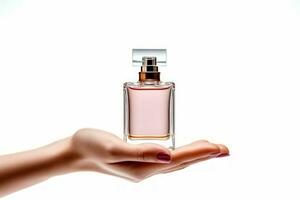 Bottle of perfume cosmetic in hand isolated on white background. Generate Ai photo