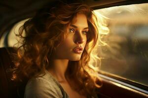 Beautiful young woman in car at sunset light. Generate Ai photo