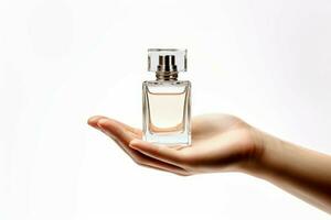 Bottle of perfume essence in hand isolated on white background. Generate Ai photo