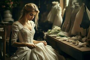 Young dressmaker in workroom wedding designer. Generate Ai photo