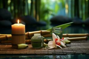 Spa setting near pool on bamboo aromatic therapy. Generate Ai photo