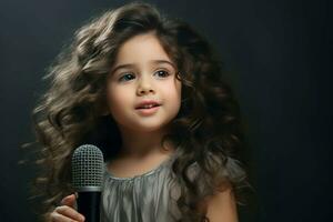 artístico pequeño niña con micrófono. generar ai foto