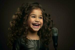 Artistic little girl happy with microphone. Generate Ai photo